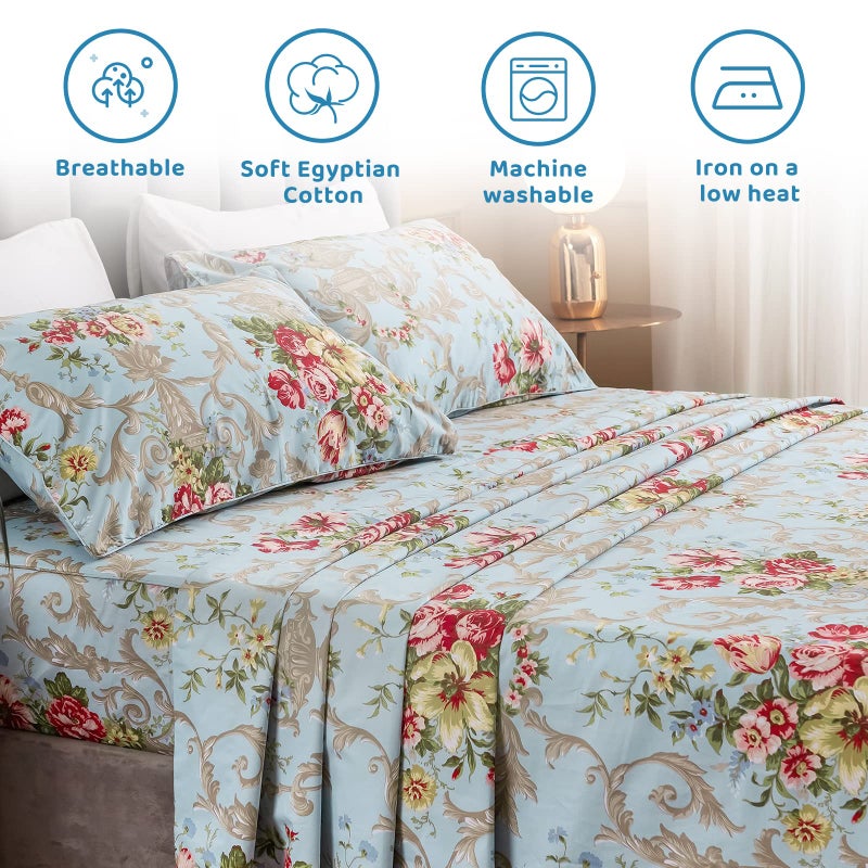 QSH Floral King Size Sheet Sets - Luxury Peony Flower Print Pattern Egyptian Cotton Printed Bedding Sheets 4pcs Extra Soft and Breathable 17.5" Extra Deep Pocket King Size Sheets - Image 2